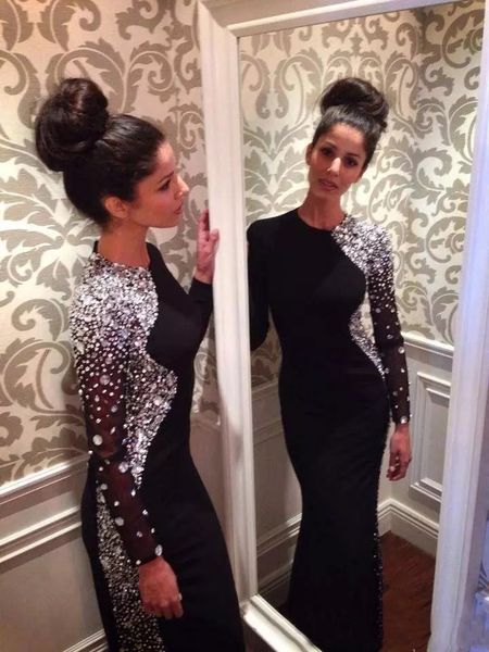 

2019 slim long sleeves mermaid black prom dresses bling bling crystal beaded crystals floor length formal party dress celebrity evening gown