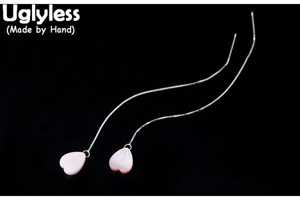 

uglyless real s 925 sterling silver box chains ear lines sweet girls pink shell heart drop earrings love gift women fine jewelry, Golden;silver