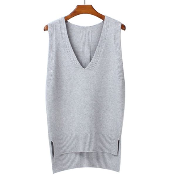 

2018 spring loose vest v neck knitted sleeveless sweater for women side split grey sweaters vests pullover female waistcoat vest, White;black