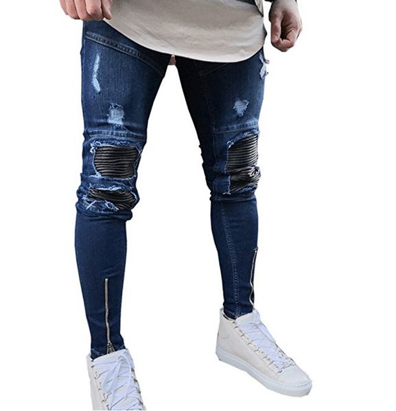 

2018 fashion casual hip hop streetwear pleated locomotive fold knees hole bottom zipper foot men jeans mens trousers, Blue
