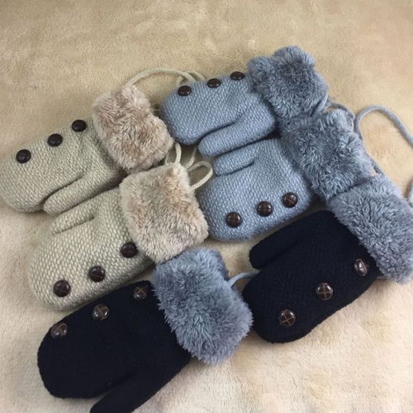 

boys wool knitted gloves with button winter thickening kids mittens grey black beige 3 colors good quality wholesale, Blue;gray