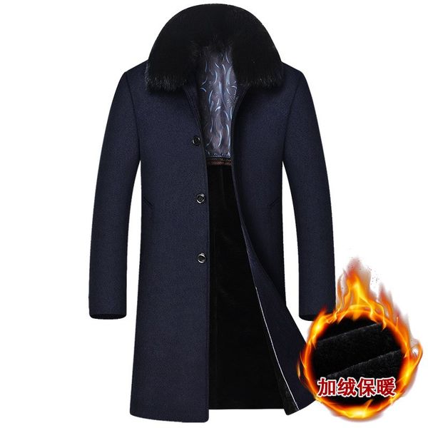 

high-end authentic middle-aged men's long lapel woolen coat, winter plus velvet thickening business casual windbreaker jacket, Black