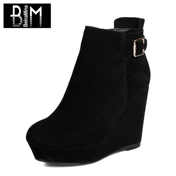 

beinamina ladies high heel boots real leather platform zipper wedges female ankle boots women shoes woman short size 34-39, Black