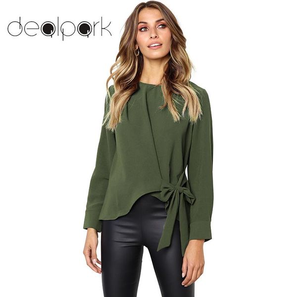 

2018 autumn womens and blouses o-neck long sleeve self-tie bandage asymmetry hem casual basic ladies office work wear, White