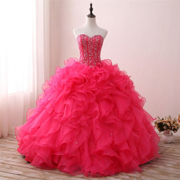 2018 Nuovo arrivato Foto reale Abito da ballo di cristallo sexy Abito quinceanera con perline Organza Abito dolce 16 Vestido Abiti da debuttante BQ122