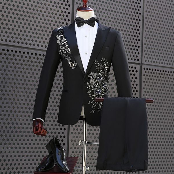 

fashion suits stage costume slim fit peaked lapel tuxedos groom groomsmen made sequined suit wedding bridegroom jacket+pants, White;black