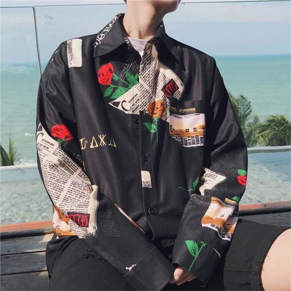 

harajuku fashion printed mens shirt male lapel loose long sleeve beach men hawaiian shirt flower vintage cototn ds50240, White;black