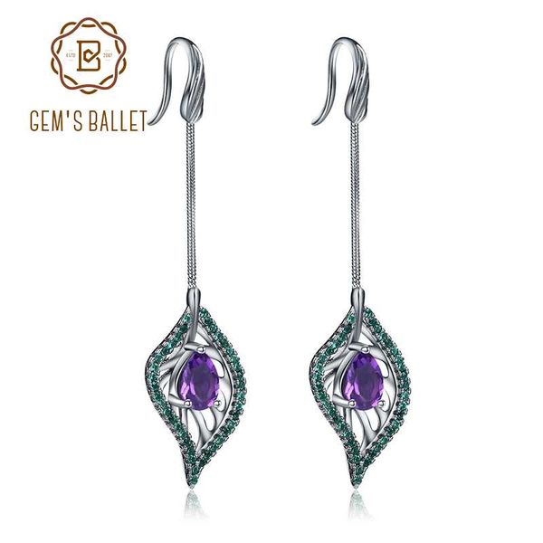 

gem's ballet natural amethyst nano emerald-green leaf shape earrings 925 sterling sliver vintage drop earrings for women jewelry, Golden;silver