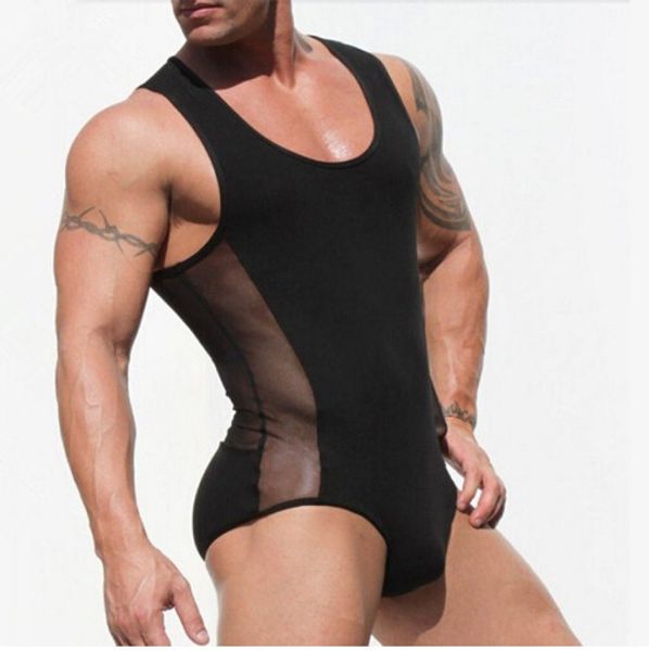

set man bodysuit ice silk gauze lingerie men' fashion patchwork see-through bodysuits men jumpsuit underwear, Red;black