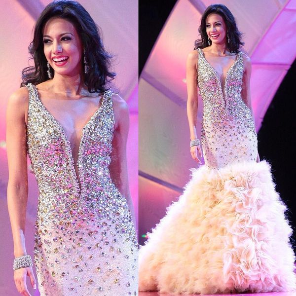 

shining mermaid crystals prom dresses plunging neck sequined evening gowns vestidos de fiesta sweep train ruffled tulle formal dress, Black