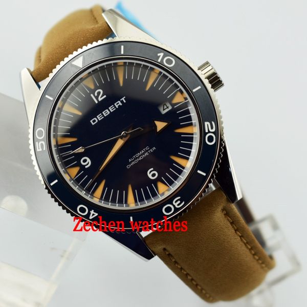 

debert 41mm black dial 316l stainless steel case sapphire glass blue dial luminous miyota 821a automatic watch, Slivery;brown