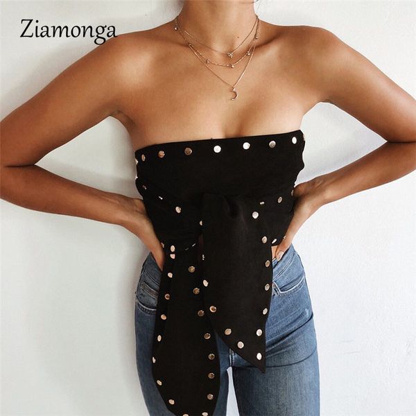 

ziamonga bow tie rivet bustier tank women strapless bandage black crop 2018 casual bodycon sequin women femme, White