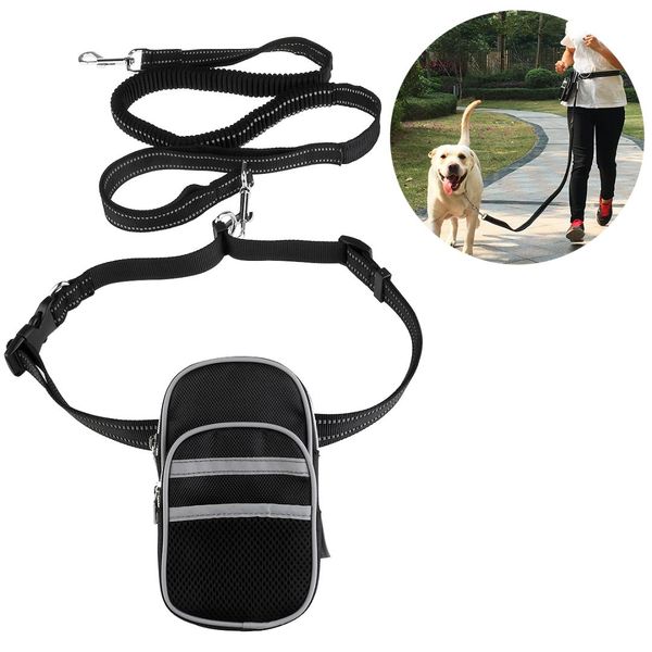 

hands reflective waist pet leash adjustable elastic dog leash with bag dispenser for running hiking jogging waking (black