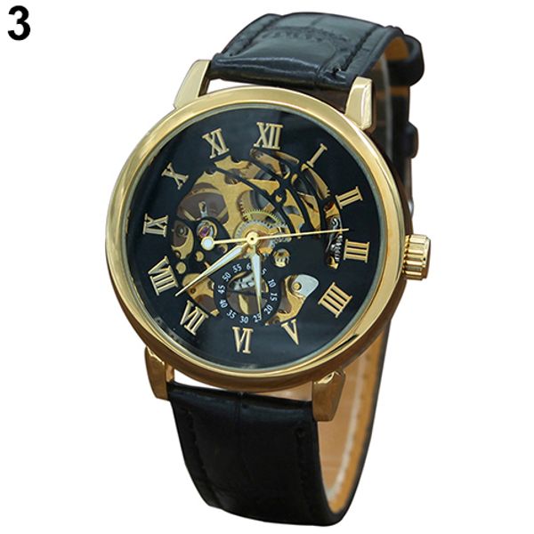

fashion mens watches leather strap waterproof gold hollow automatic mechanical vintage skeleton role watch, Slivery;brown
