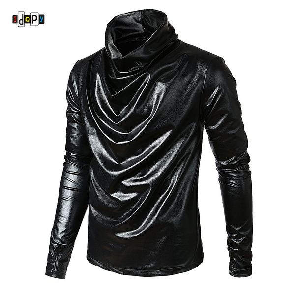 

idopy men`s hip hop faux leather t shirts long sleeve turtle neck fake leather hipster hiphop street style tees for male, White;black