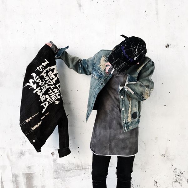 

denim jacket mens vinage distressed destroyed jeans coat hip hop casual printed hole jackets coats blue black asian m-xxl, Black;brown