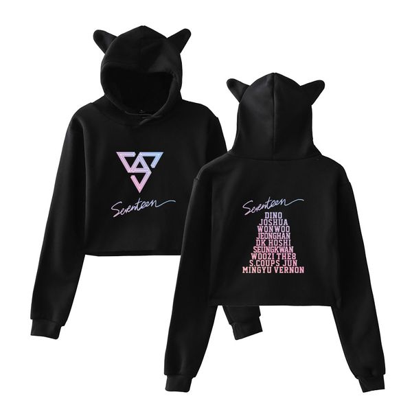 

new korean fashion cat hooded sweatshirts kpop seventeen concert fans supportive member name print hoodies pullover, Black