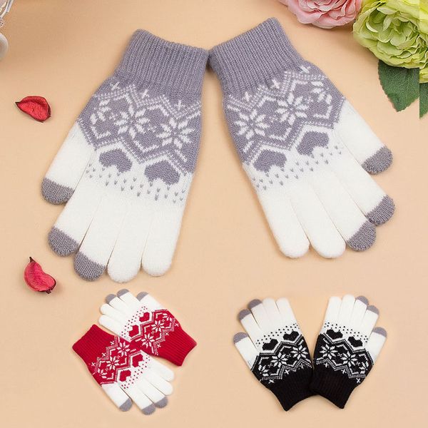 

теплые зимние женские перчатки шерстяные трикотажные наручные перчатки женские снежинка любовь шаблон полный палец варежки, Blue;gray