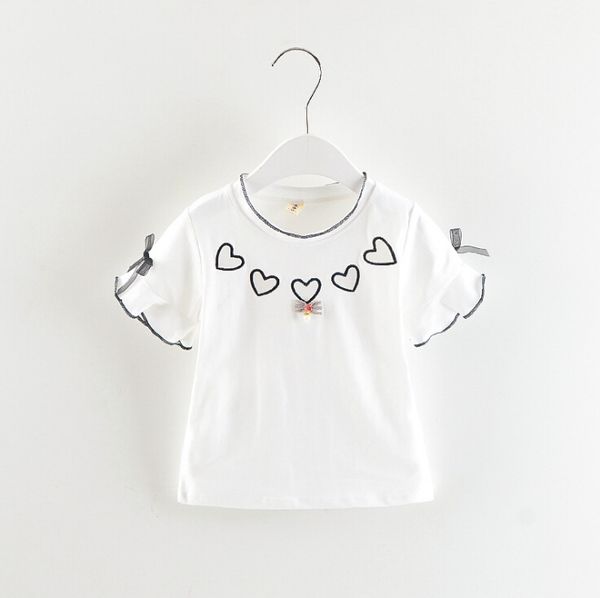 

Girl Short Sleeve Heart Printing T-shirt Short Sleeve Bowknot Cute Pink Girl Tops Summer T-shirts Two Colors
