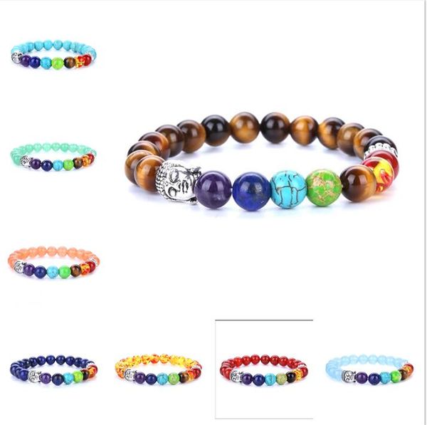 Pulseira de vulcão de cabeça de Buda moda atacado natural lava vulcão, ágata vermelha, ametista pedra com sete cores de pedra frisada pulseira