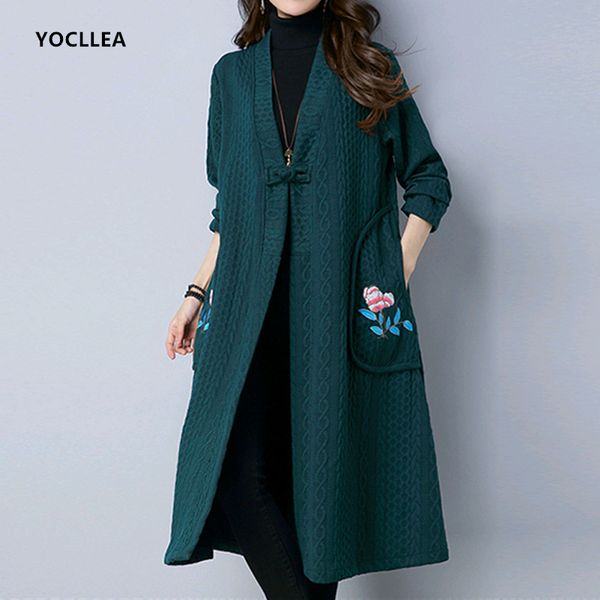 

long knit cotton trench coat for women 2018 autumn winter open stitch outwear female embrodery pocket long sleeve casual coats, Tan;black
