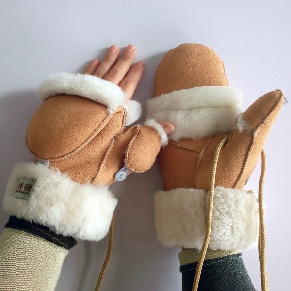 

new arrival lady fur one piece gloves winter semi-finger gloves sheepskin dual flip lovers design, Blue;gray