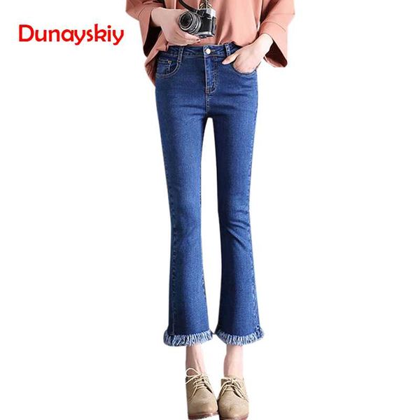 

new jeans female autumn stretch skinny tassel denim flare pants micro trousers casual vintage plus size jeans with high waist, Blue