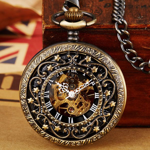 

retro bronze mechanical pocket watch for men hollow sculpture skeleton steampunk mens present roman number dial hand-wind watch, Slivery;golden