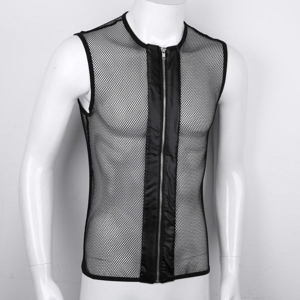 

Men Sexy Zipper Front Sleeveless See -Through Leather Fishnet Hollow Out Muscle T-Shirt Tank Tops For Club Costume Party
