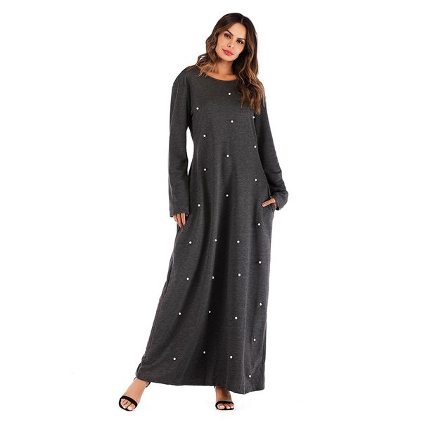 

muslim women beading kaftan dress wholesale muslim women long sleeved round neck casual dress muslim prayer robe, Red