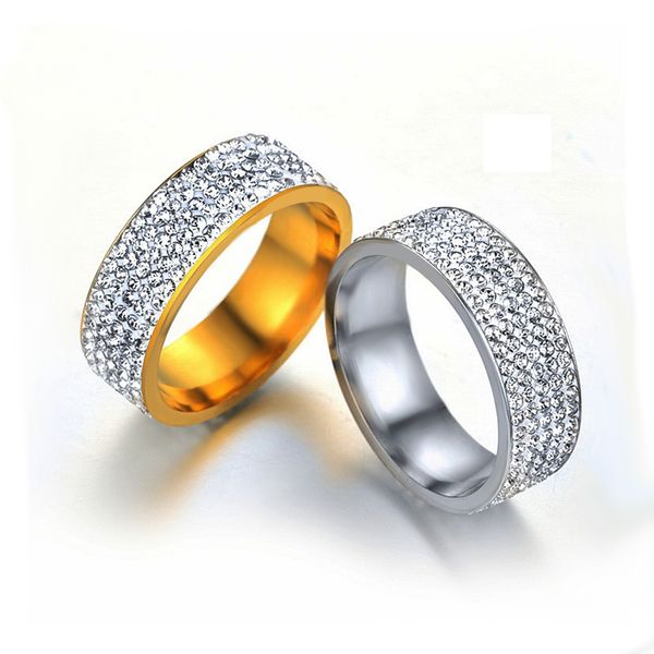 

whole sale5 row crystal rhinestone ring the lovers stainless steel ring retro style sliver gold color for wedding jewelry, Golden;silver