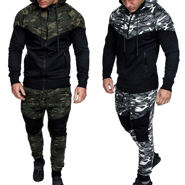 

2018 new camouflage printed men set causal patchwork jacket men 2pcs tracksuit sportswear hoodies sweatshirt pants jogger suit, Gray