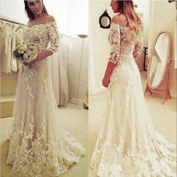 

2019 off shoulder lace tulle bride dress with half sleeves a line wedding dresses with sweep train, White
