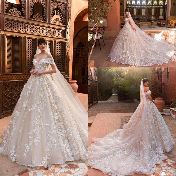 

2019 new arrival luxury off the shoulder a line wedding dresses 3d flowers appliqued wedding bridal gowns vintage country wedding gowns, White