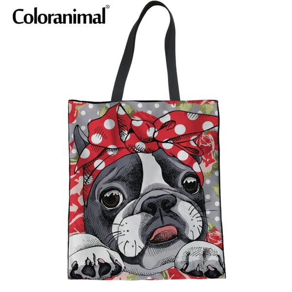 

coloranimal women fashion tote bag 3d floral boston terrier print foldable reusable shopper bag teenager girl canvas school