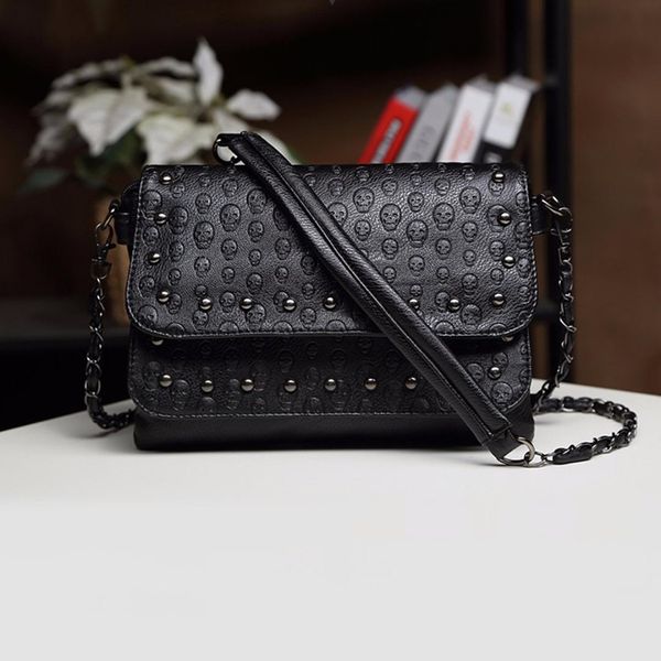 

feminina bolsa черный заклепки женщины сумки панк череп кошелек искусственная кожа плеча crossbody сумки старинные небольшой цепи сумка