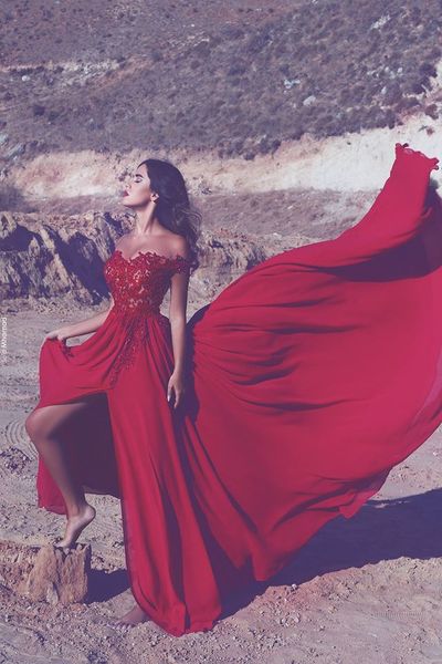 

2018 said mhamad red long prom dress lace applique sheer neck off shoulder high side split floor length formal party evening dress wear, Black