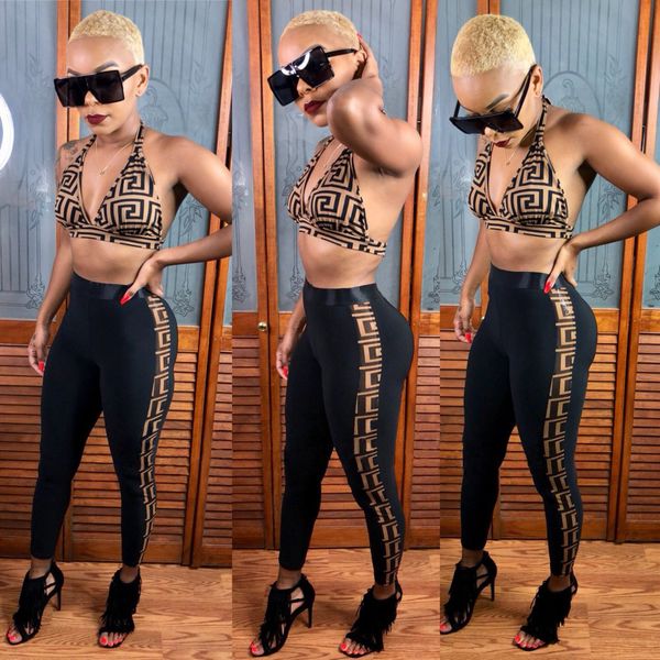 

fashion wrapped chest print straps slim two-piece nightclub suit women's two piece pants nightclub women's long pants, White