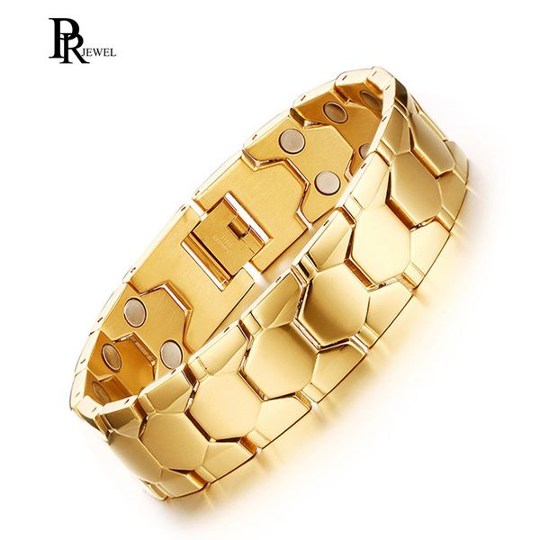 

double magnet germanium energy bracelet for men gold color stainless steel chain 3000 gauss healing jewelry, Golden;silver