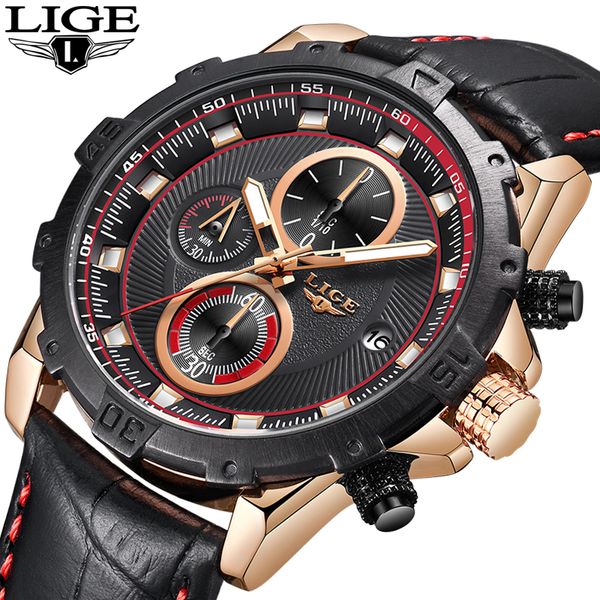 

lige mens watches swag men sport fashion quartz leather clock mens watches waterproof casual, Slivery;brown