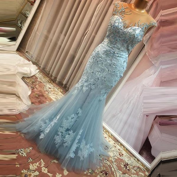 

light blue prom dresses sheer neck lace appliques beads evening gowns tulle mermaid illusion back sweep train formal party dress cheap, Black