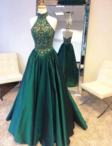 

2017 Emerald Green Prom Dresses High Collar with Crystal Diamond Arabic Evening Gowns Long Lace Dubai Evening Dresses Custom