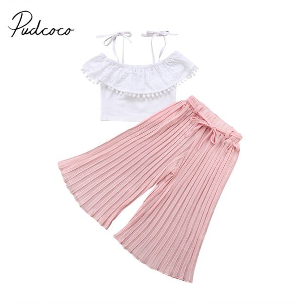 

2018 brand new summer fashion toddler baby girl clothes sets short sleeve off shoulder belt ruffles t-shirts+pink wide leg pants, White