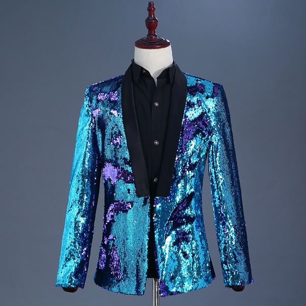 

2018 new male fashion double color floral sequins can be turned into sequins stage performances suits night bars singers costume, White;black