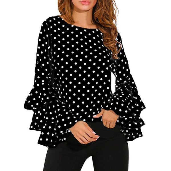 

mooistar #4005 fashion women's bell sleeve loose polka dot shirt ladies casual blouse, White