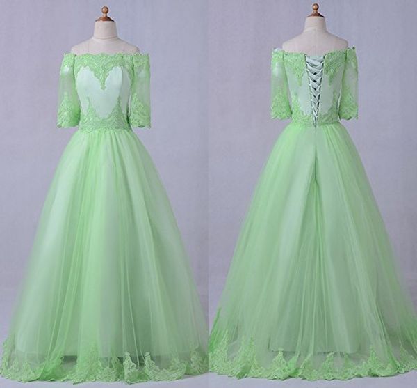 Robes de bal en dentelle vintage vert citron avec manches sur l'épaule Applique Tulle Une ligne Corset Robes de soirée Tenue de soirée Robes de soirée