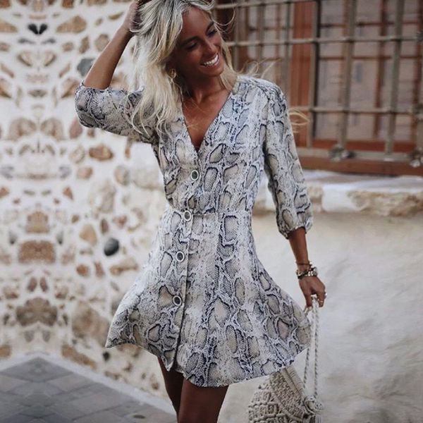 

2018 fashion summer v neck buttons pleated dresses snake skin print mini dress women casual vestidos, White;black
