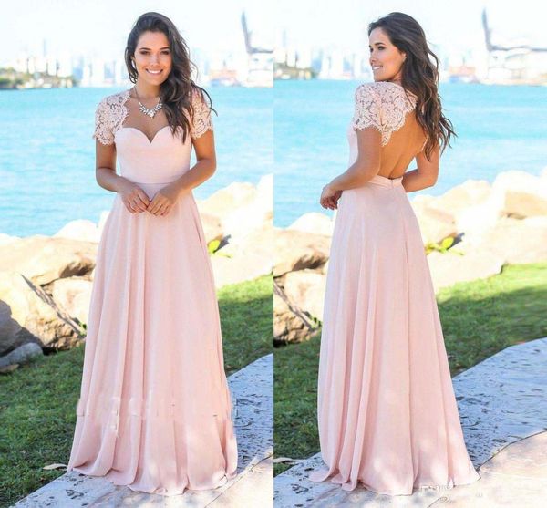 

2018 Open Back Blush Bridesmaids Dresses With Short Sleeve Lace Top Backless Floor Length Wedding Guest Gowns Maid of Honor Gowns Cheap