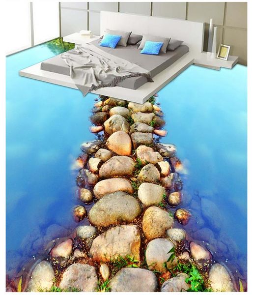 Benutzerdefinierte selbstklebende Wandbild Kreative Fototapete Schöne Fluss Schieferweg WC Badezimmer 3D Boden PVC Tragen Rutschfeste Wasserdichte Bodenbelag