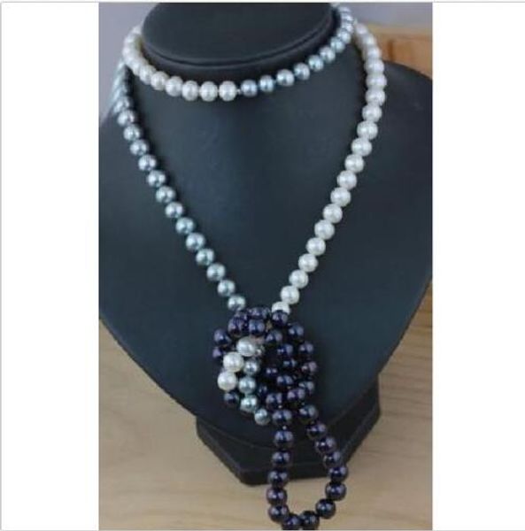 

50" 9-10mm south sea natural white gray black pearl necklace yellow clasp, Silver
